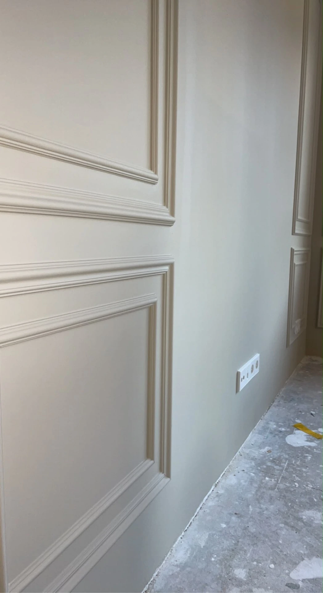 Paneelwand met profiellijsten strak afgelakt in een zachte tint